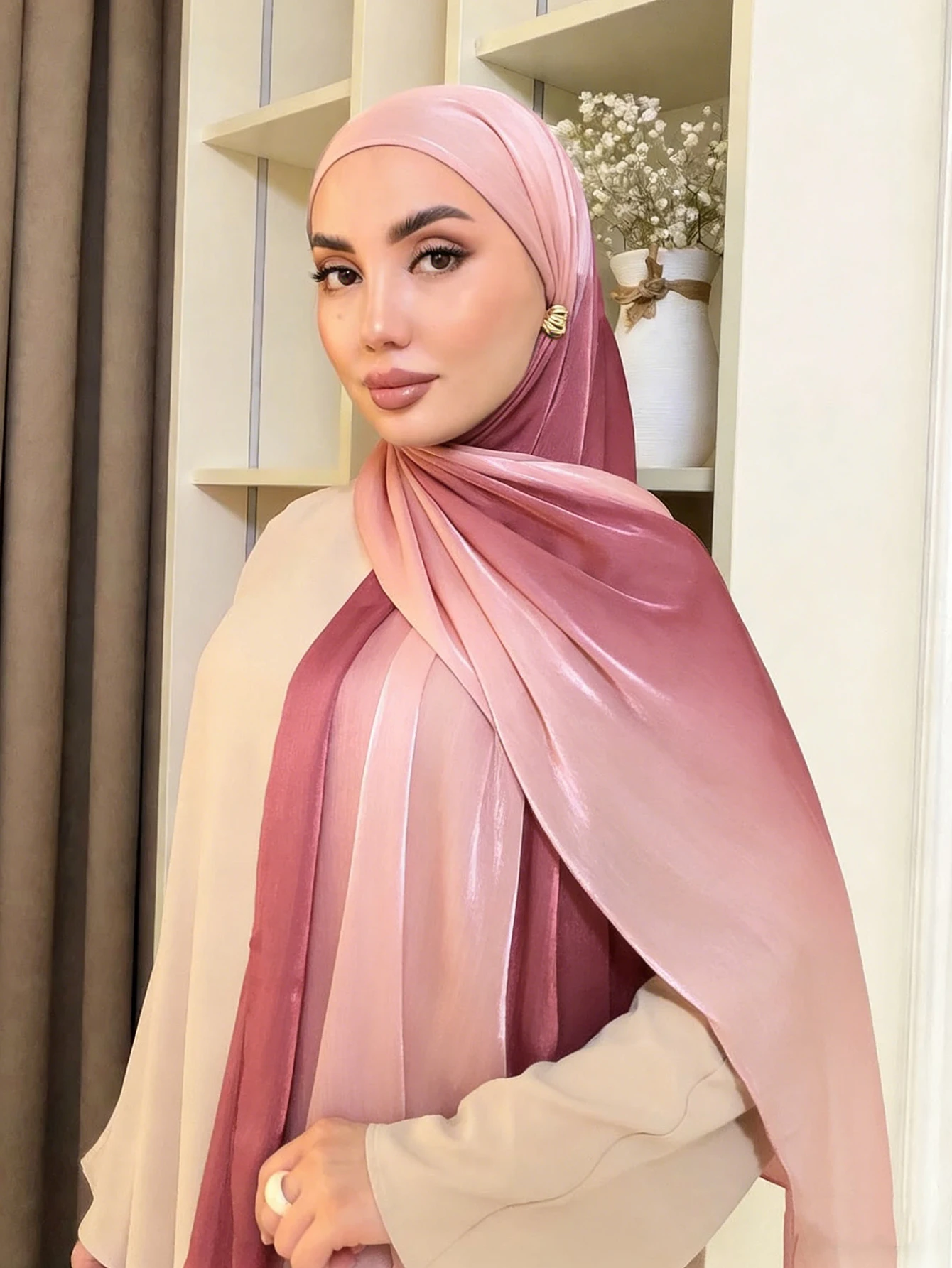 Luxury Two-color Gradient Hijab Premium Shiny Satin Scarf Elegant Islamic Head Wrap Modest Muslim Headscarf for Wedding