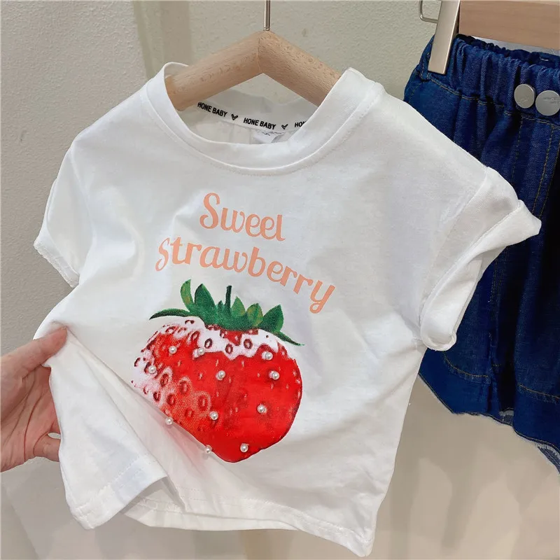 2025 Kids Summer Clothing Set: Strawberry Print Top + Multi-layer Red Mesh Skirt 2PCS Playtime 2-7Y Kids Clothes Girls