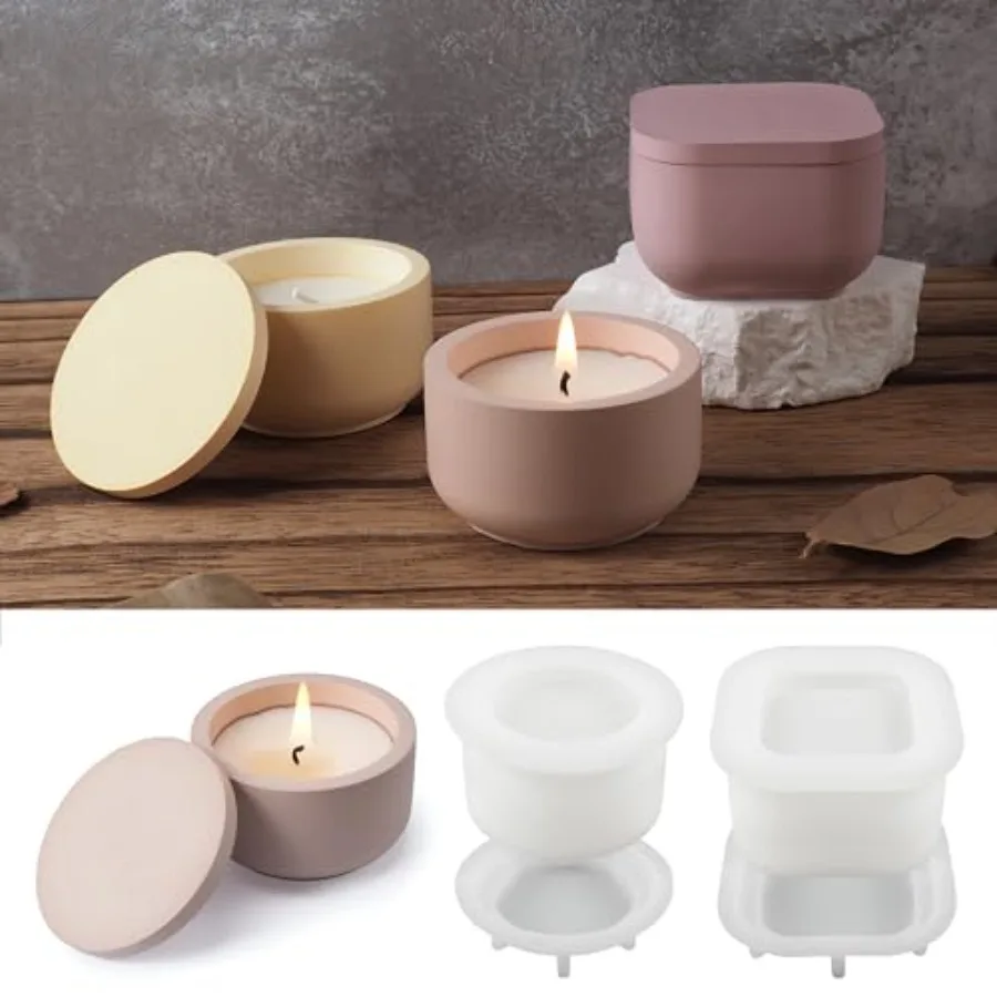 

2 Pack Round Square Storage Jar Mold with Lids for Home Decor, Candle Holder Molds, Flower Pot Vase Concrete, DIY Plaster Cast
