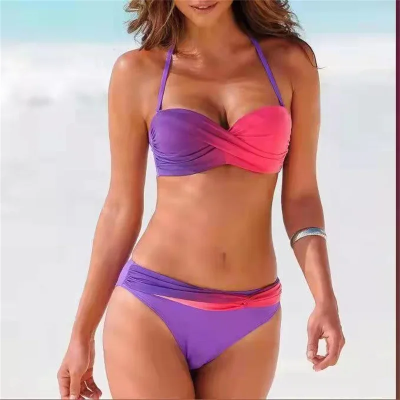 

Beachwear Sexy Bikinis Women Gradient Backless Bustier Swimsuit High Waisted Bathing Suits Halter Two-piece Suit Swimwear 2024