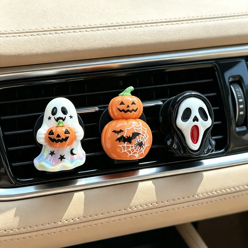 Three-piece Set Car Air Vent Fragrance Ornaments, Halloween Pumpkin Ghost Car Air Freshener Vent Clip, Horror Face Auto Interior