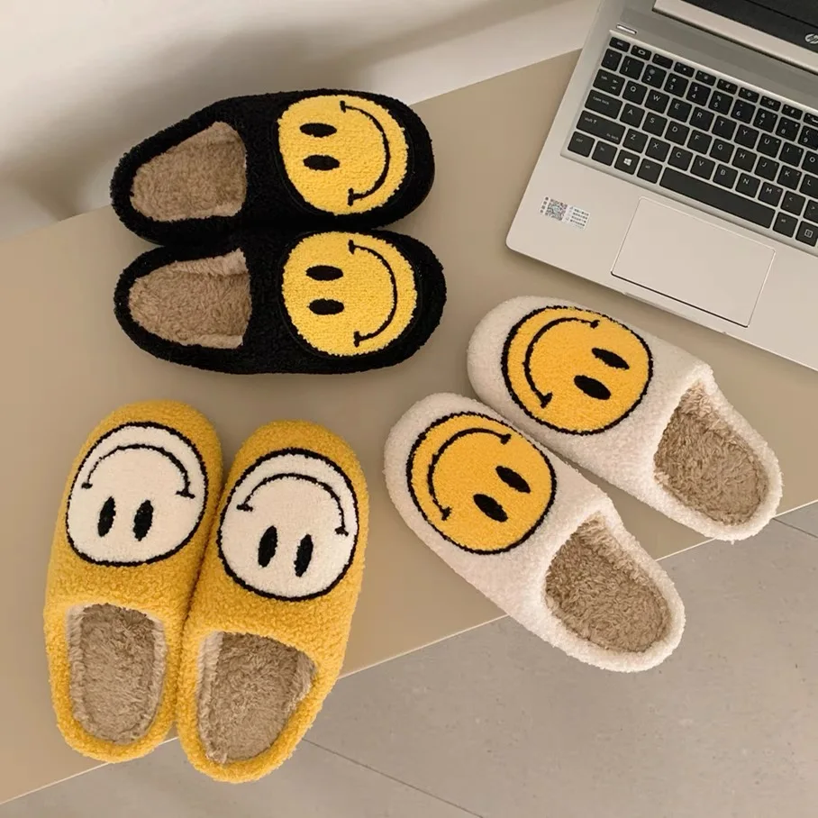 Simple Happy Face Men's And Women's Slippers Plush Slippers Comfortable Warm Slippers In Winter Indoor Soft Non-slip Fluffy