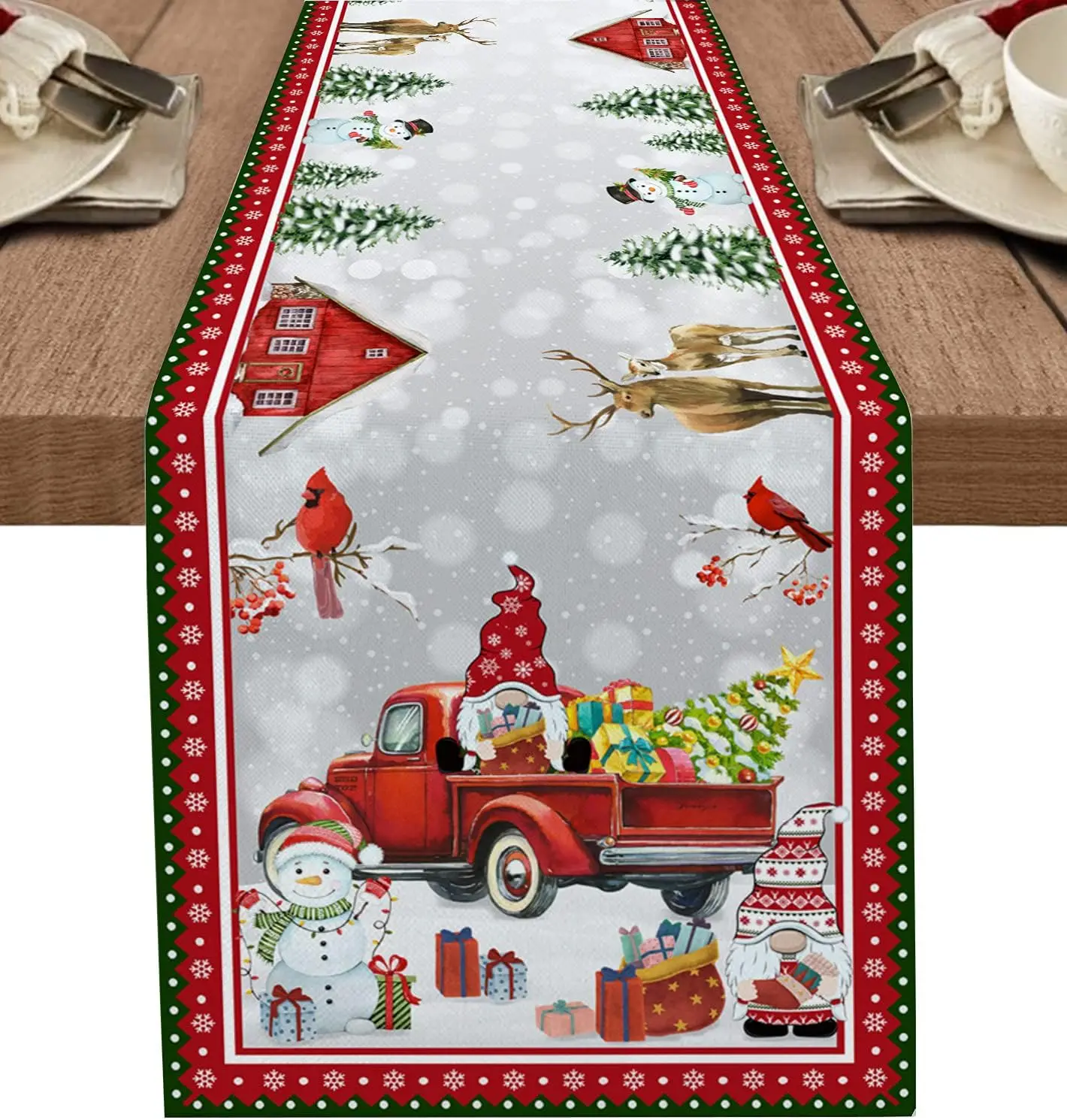 

Christmas Truck Snowman Gnome Linen Table Runner Party Decor Xmas Tree Table Runners Kitchen Table Decor Christmas Decorations