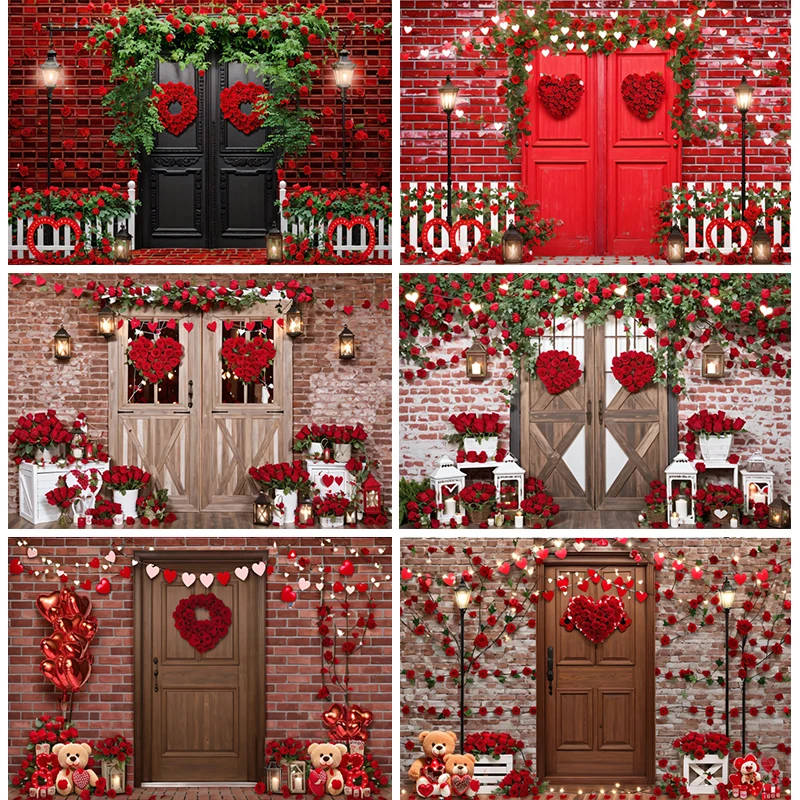 

Valentines Door Decoration Backdrop Lovers Couple Party Banner Red Rose Heart Flowers Brick Wall Photo Background Photography