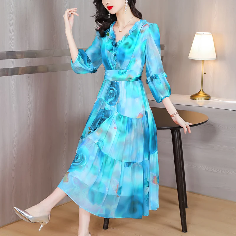 Damen Vintage Elegantes Abendkleid Frühling Urlaub Boho Hepburn Vessios Sommer Luxus Seide Blumen Lässig Midi XQ324