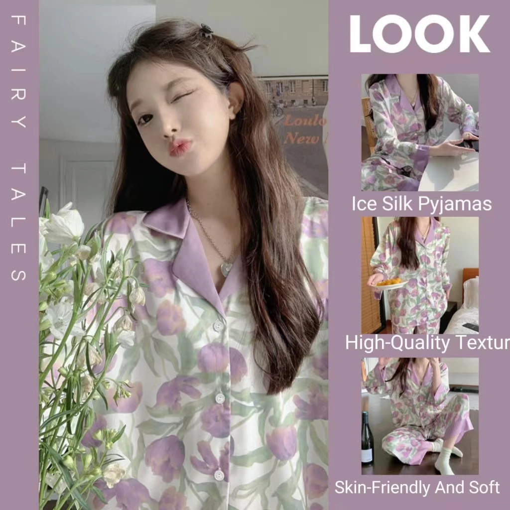 

Women's Tulip-Print Long-Sleeve Loose-Fit Comfortable Pajama Set for Spring, Summer, Autumn, and Winter Women's Homewear Set