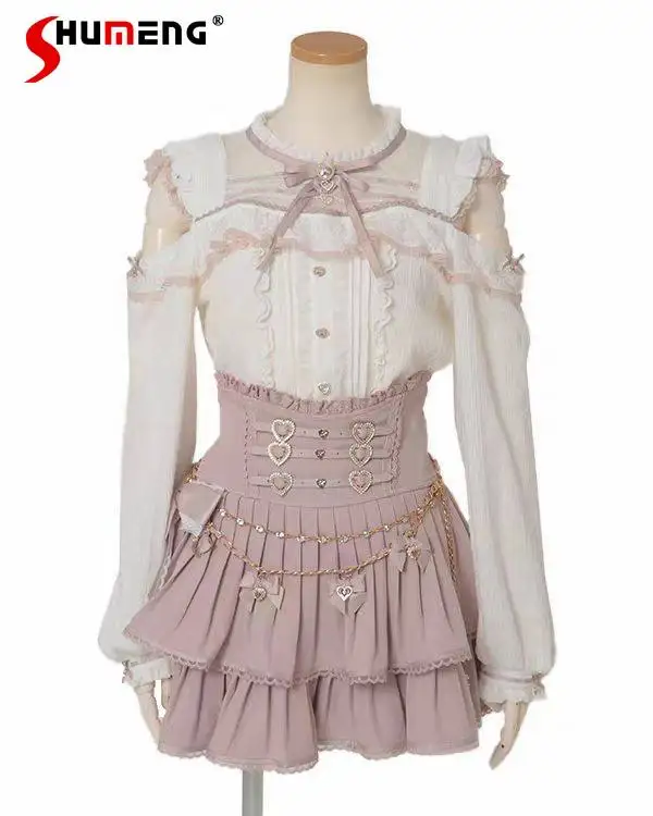 

Весенняя японская блузка 2026 с открытыми плечами, длинным рукавом, бантом и кружевными вставками в стиле Лолита для девочек и женщин, приталенная, элегантная