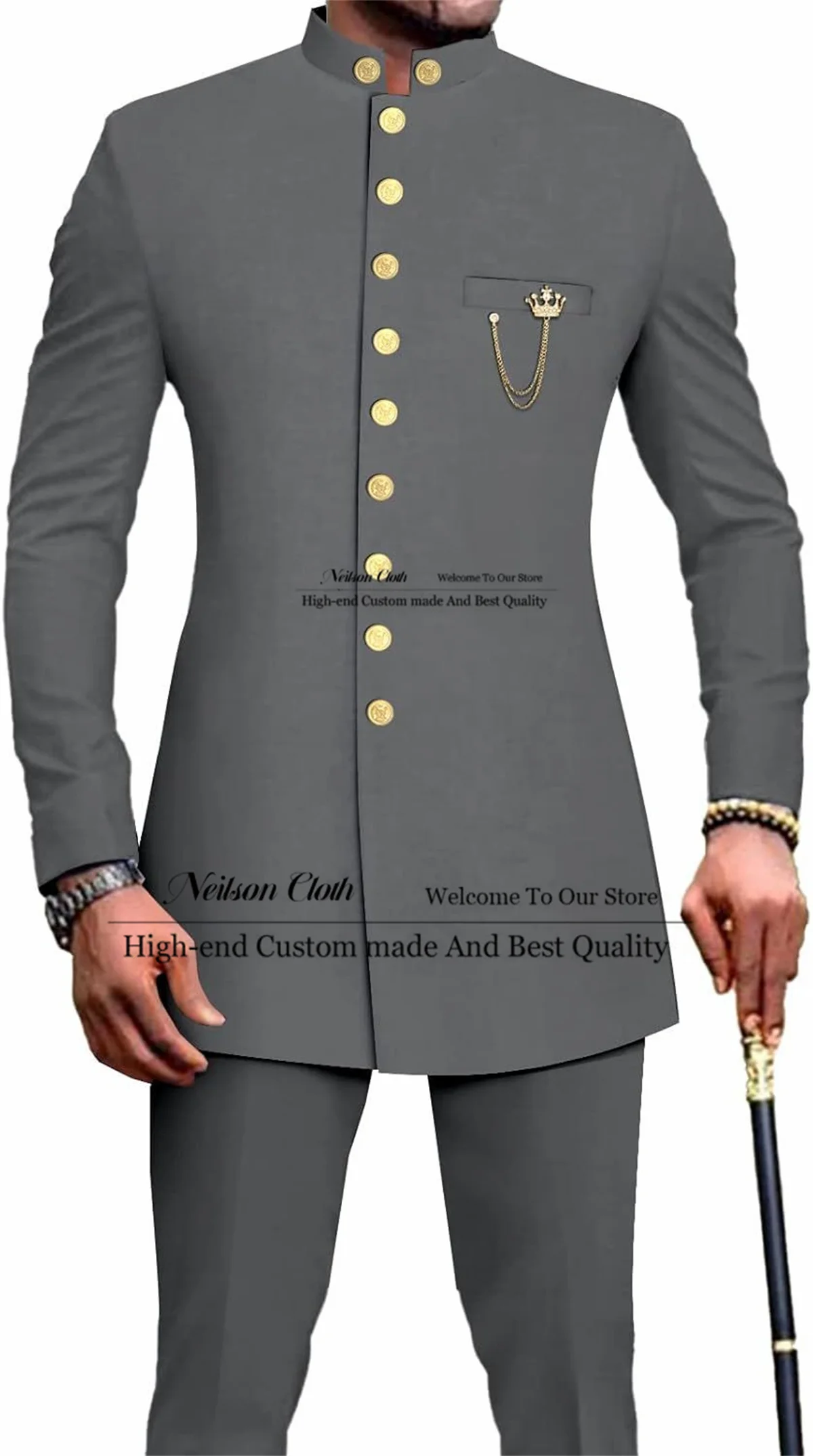 

Formal 2 Pieces Sets Male Prom Blazers Dark Grey Single Breasted Groom Wedding Tuxedos Customized Stand Collar Costume Homme
