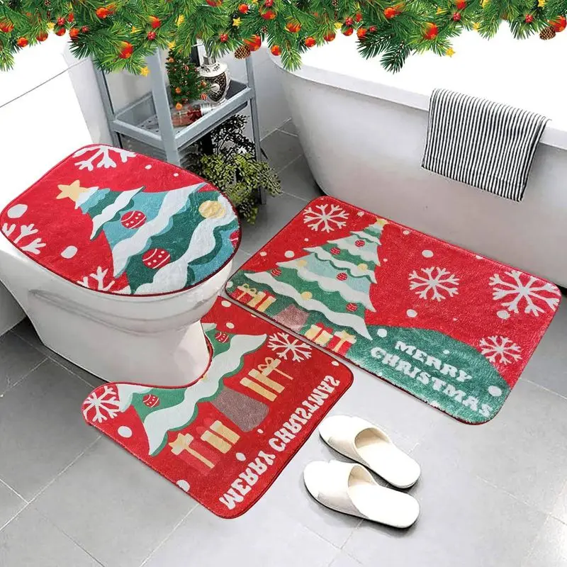 VIKAMA Christmas Toilet Mat Non Slip Absorbent Quick Drying Bathroom Rug Snowflake Tree Red Festive Soft Home Decor