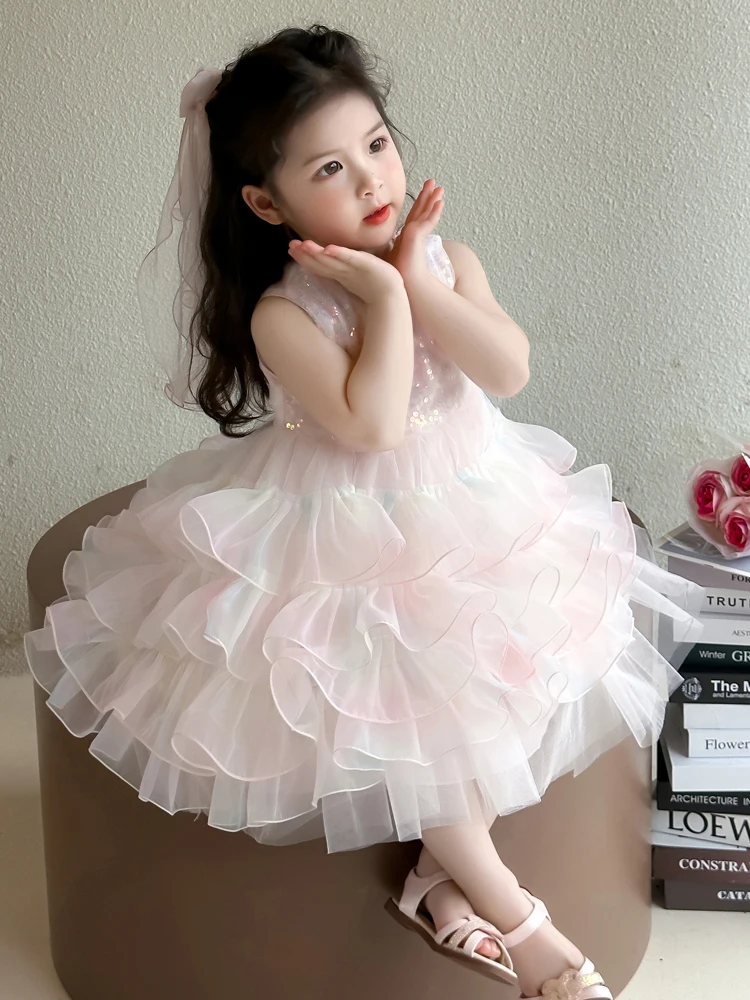 Vestido de Princesa para Meninas, Saia de Aniversário com Glitter, Novo Estilo de Verão, Vestido Infantil com Saia de Camadas, Elegante e Brilhante