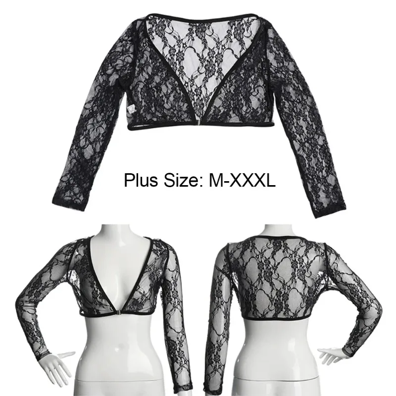 Vintage Tops Popular Women Mesh Lace See Through Crop Tops Sheer Seamless Female Smooth Shaper Shirt Shrugs Perspective