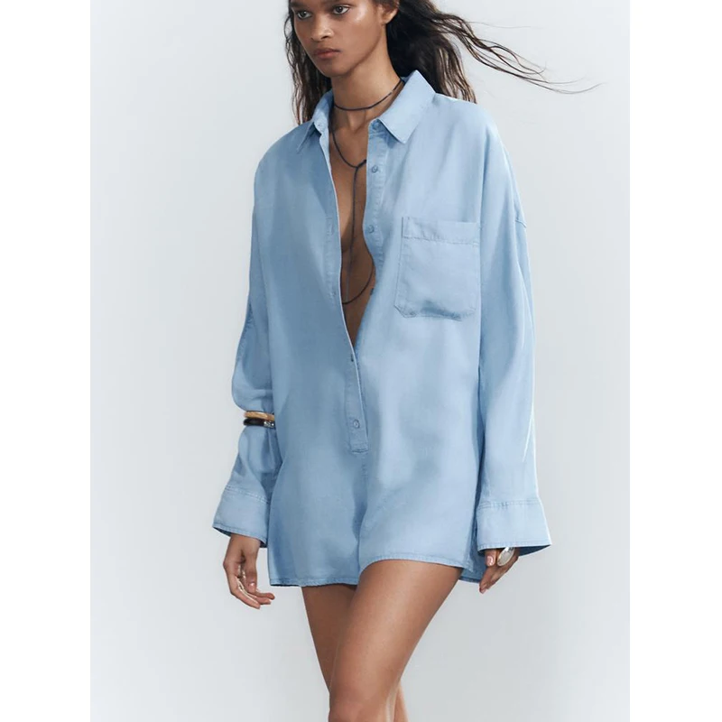 Spring Summer New Women's Pleated Decorative Collar Long Sve ort Denim Overall Pants High Waist Straight Leg Commute Sle