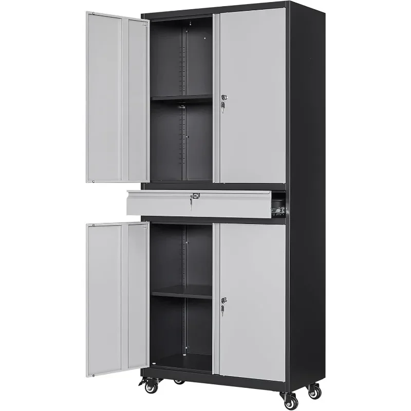 Yizosh Metal Garage Storage Cabinet with Locking Doors and Adjustable Shelves, Rolling Tool Storage Cabinet with 4 Wheels