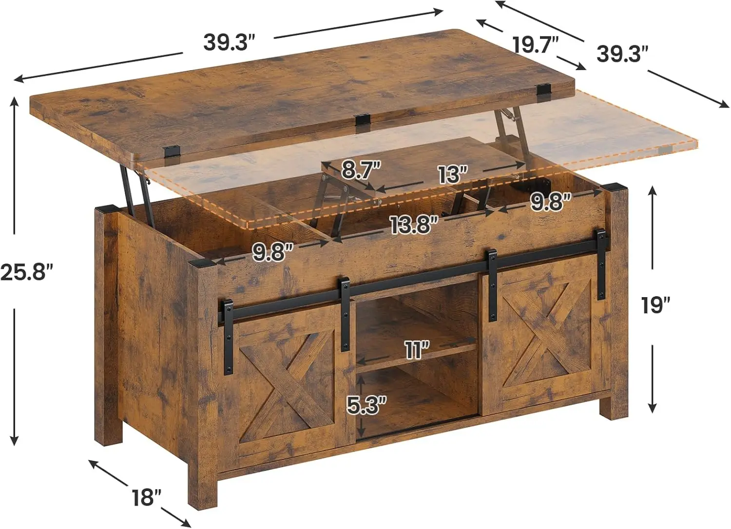 Table basse relevable avec compartiment de rangement pour salon, table basse convertible, marron rustique, 4 en 1