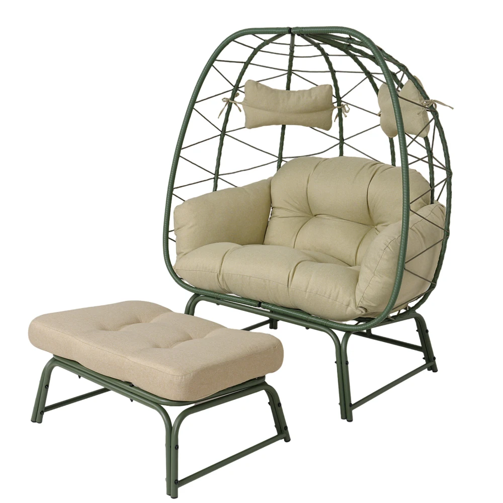 

Double Patio Egg Chair with Ottoman: Wicker Outdoor 2-Person, Cushion for Balcony/Garden