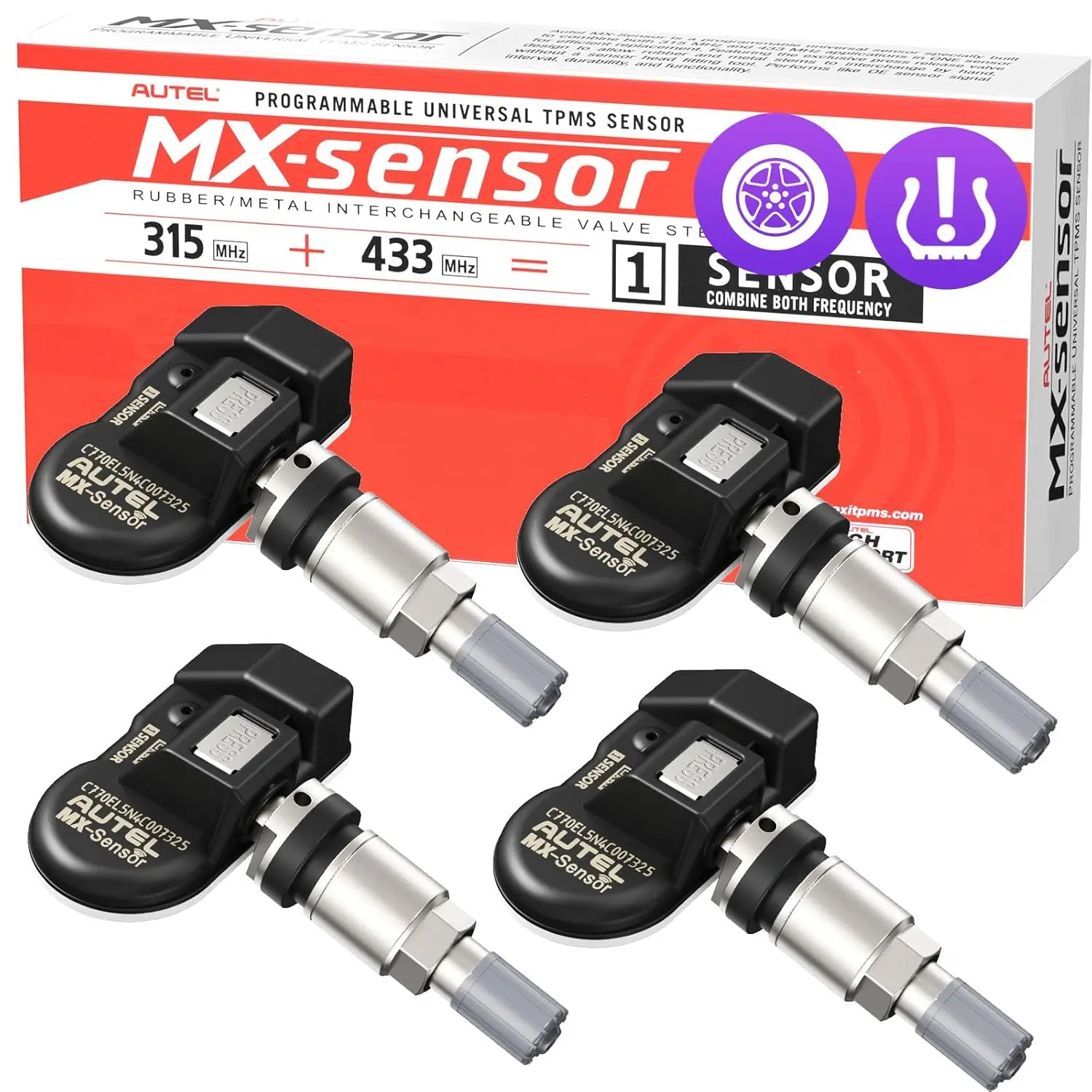 Capteurs TPMS Autel MX Sensor 315 MHz + 433 MHz MaxiTPMS, capteur de pression des pneus universel à pression, programmé par TS408 TS508WF TS900 ITS600 MP900TS MS906PRO-TS (Valve métallique, lot de 4)