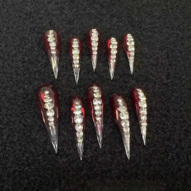 10PCS Wine Red Gradient Rhinestone Stiletto Press On Nails, Clear Tip Bling Crystal Long Point False Nail Tips