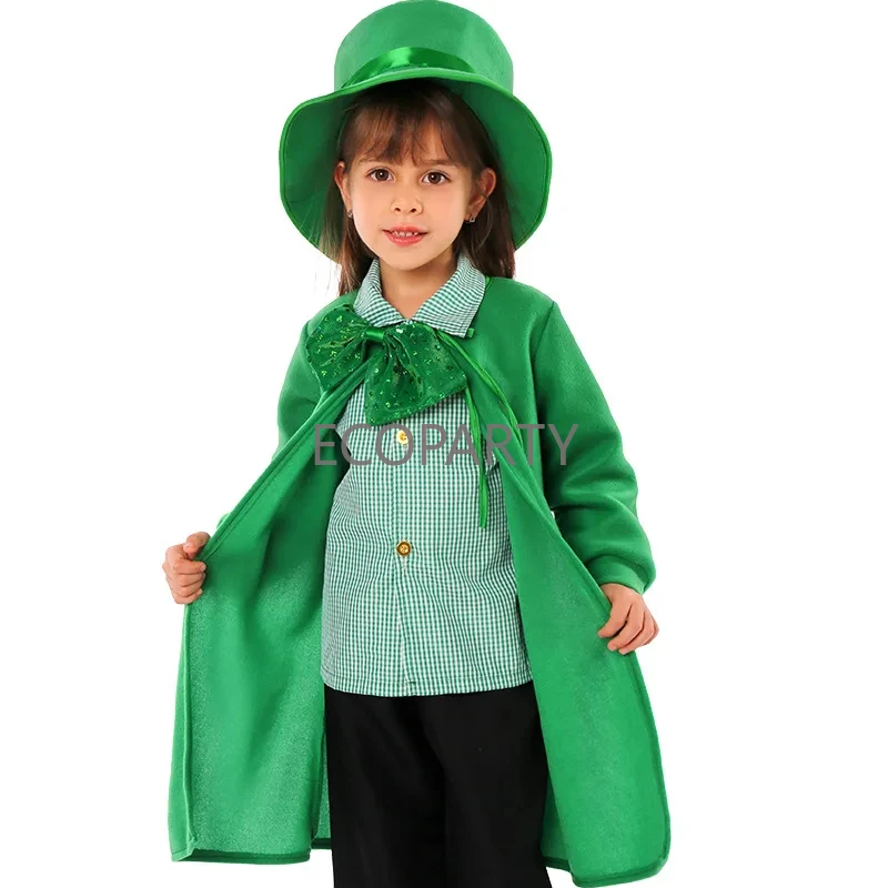 Ierland Dag Leprechaun Cosplay Groene Mantel Kostuum Halloween Groep Performance Pak Voor Jongen Meisje Kostuum Vermomming