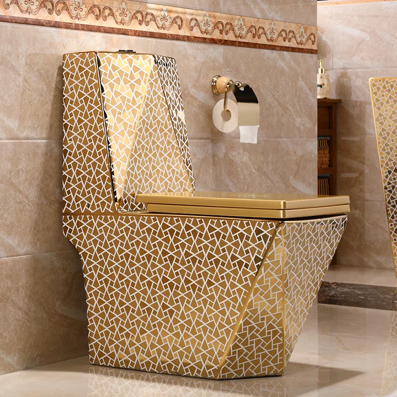 Diamond Shape Electroplated Stylish Modern Ceramic Elongated Golden Color Luxury One Piece Dual-Flush Toilet