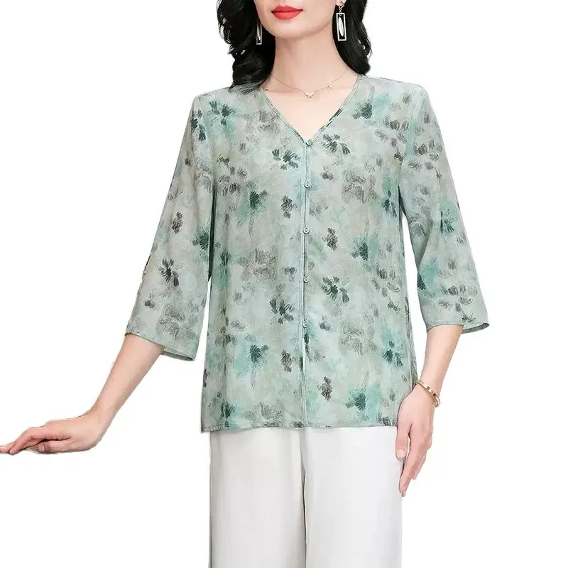 BirdTree, 100%Real Silk Elegant Shirt, Women 3/4 Sleeve Printed, Retro Loose Versatile Temperament Blouse, 2024 Summer T456107QC