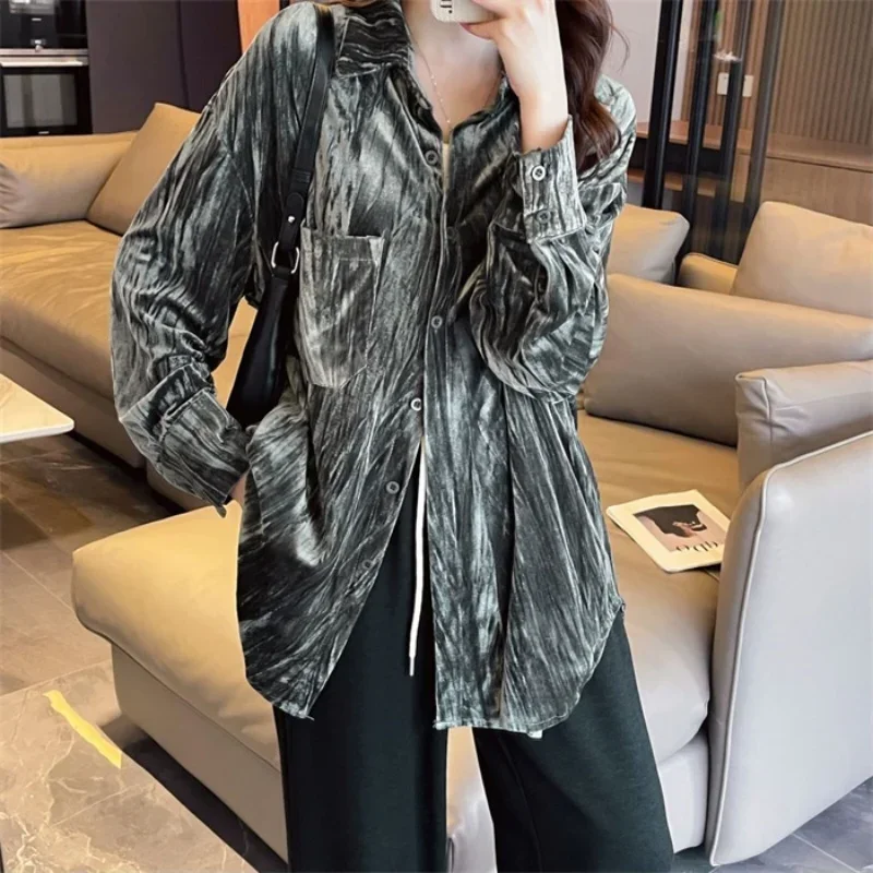 

Autumn Casual Turn-down Collar Long Sleeve Blouse Fashion Spring Loose Pocket Elegant Women Shirts Solid Color Clothing