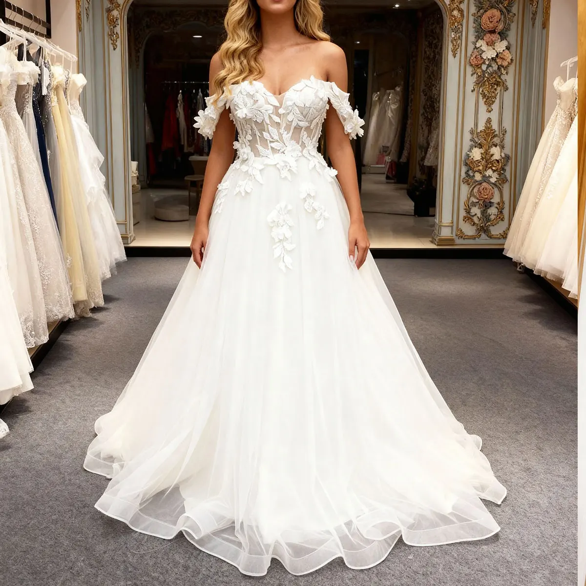 

Elegant Lace Appliques Wedding Dress With Train Long Off Shoulder Ball Gown For Women A Line Puffy Bridal Gown Vestidos Novia