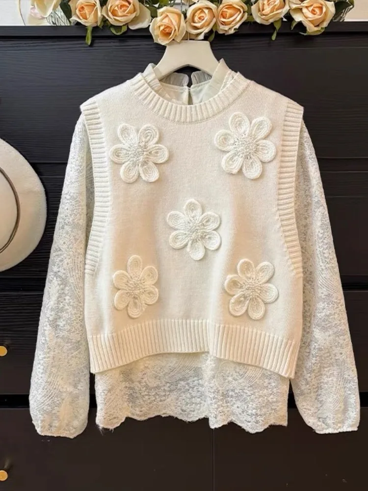 Ele pull à fleurs gilet dentelle irt femmes Faion ensemble 2025 nouveau Sle trajet Sle coupe ample fibre de Polyester Svel