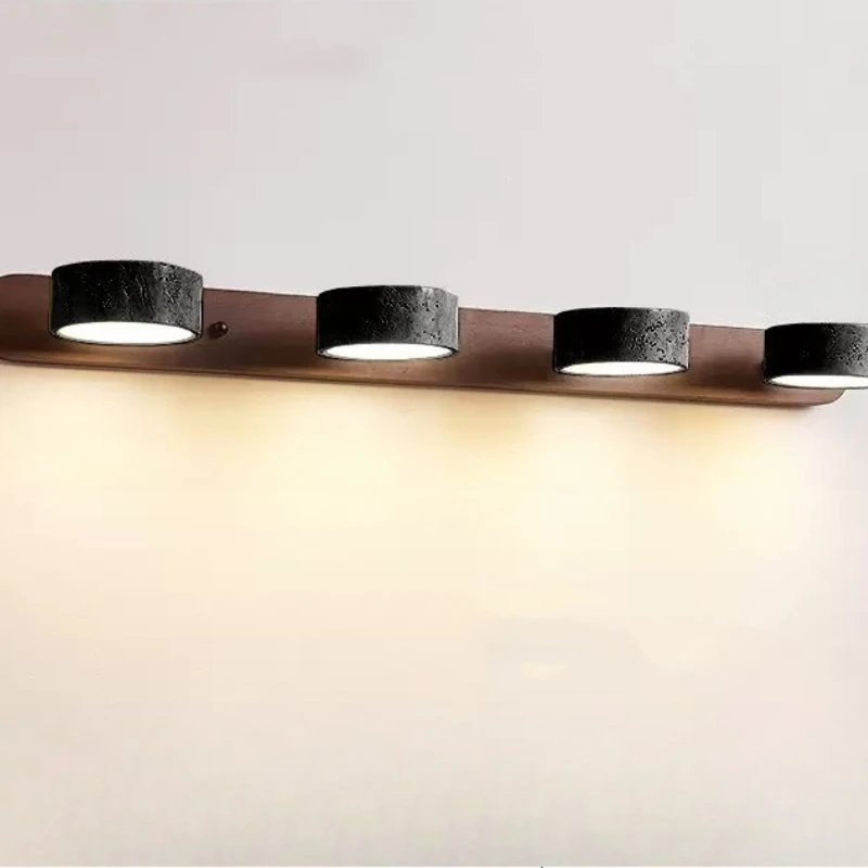 Wabi Sabi Black Travertine Wall Lamp for Bedroom Bedside with Pull Chain Switch Rotable Japanese LED Wood Stone Light Apartment