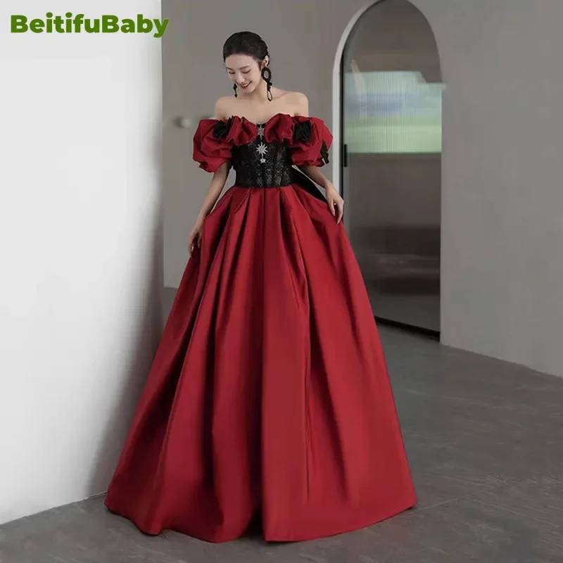 BeitifuBaby Women\'s Palace Style Evening Dress Off The Shoulder Slimming Lace Bow Banquet Ball Gown Formal Dress Women Vestidos