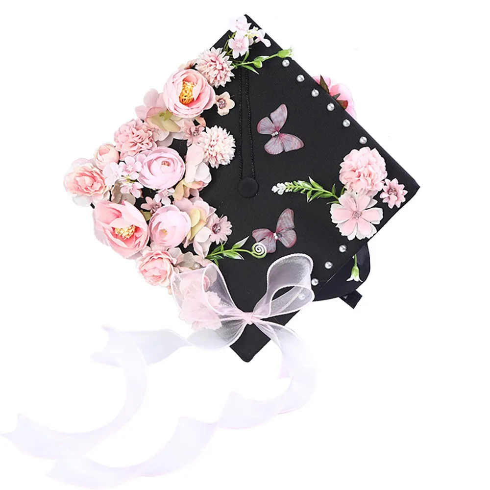 Headwear Doctor DIY Flowers Graduation Cap Master Bachelor Academic Hat with Tassels Adjustable Fringe Mortar Board University