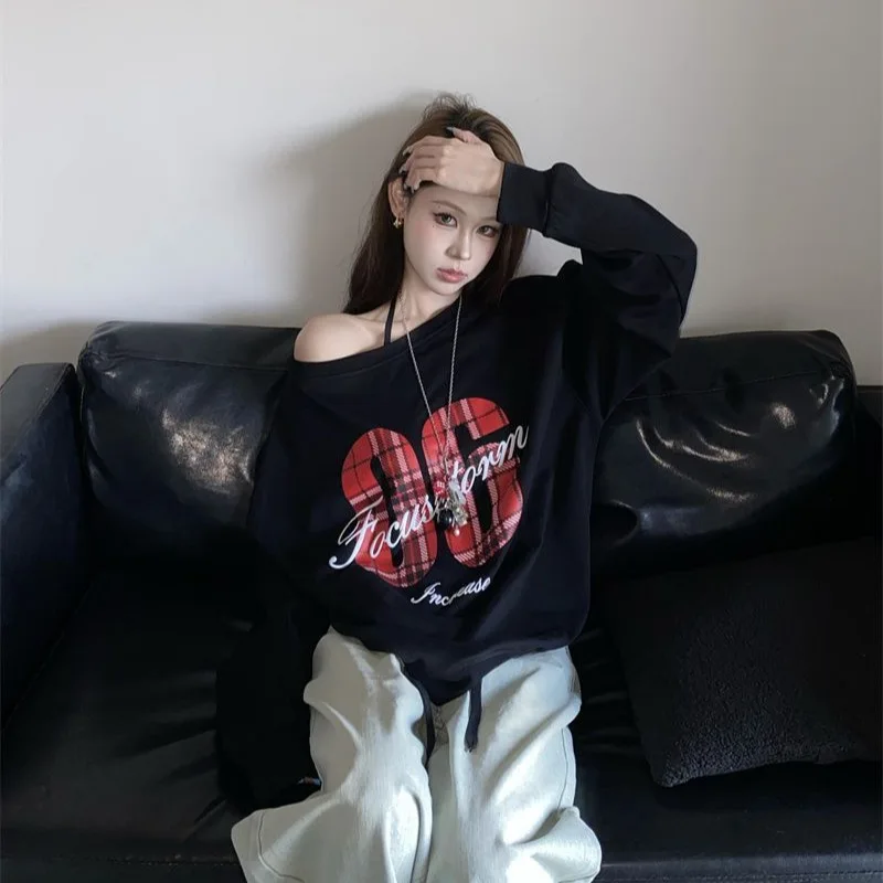 الأمريكية الرجعية الساخن فتاة البلوزات المطبوعة المرأة فضفاضة الكتف عارية رياضي تنوعا نمط جديد منتصف طول كم طويل Str... #2