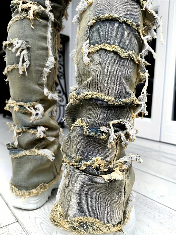 خمر الأزرق مكدسة الجينز للرجال ، بسط السراويل ، الخام المتوترة الدنيم ، دمرت ، غسلها خليط ، جديد ، قسط