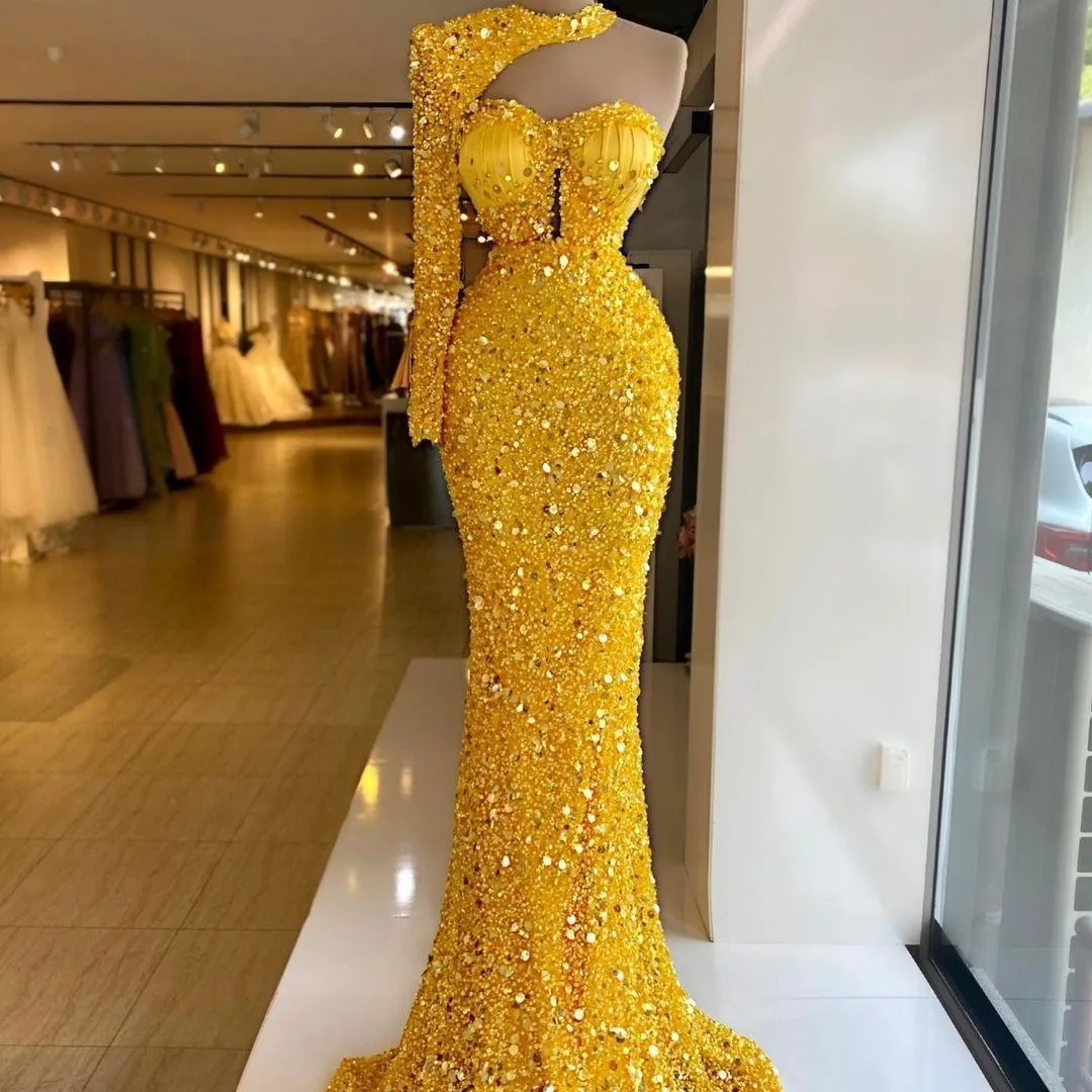 

Yellow Beaded Sequined Yeloow One Long Sleeves Sheath Evening Dresses Custom Made Bridal Grown 2026 Vestido De Noival