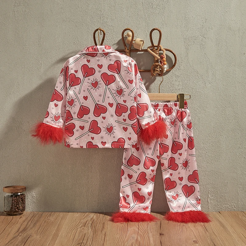 EWODOS Kids Girls Valentine's Day Pajamas Set Heart Print Long Sleeve Shirts Tops Long Pants 2 Pieces Lounge Suit Sleepwear