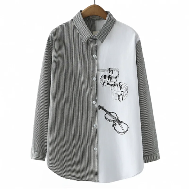 

2024 Plus-Size Women's Spring And Autumn Slim Loose Medium Long Sleeve Embroidery Matching Striped Shirt