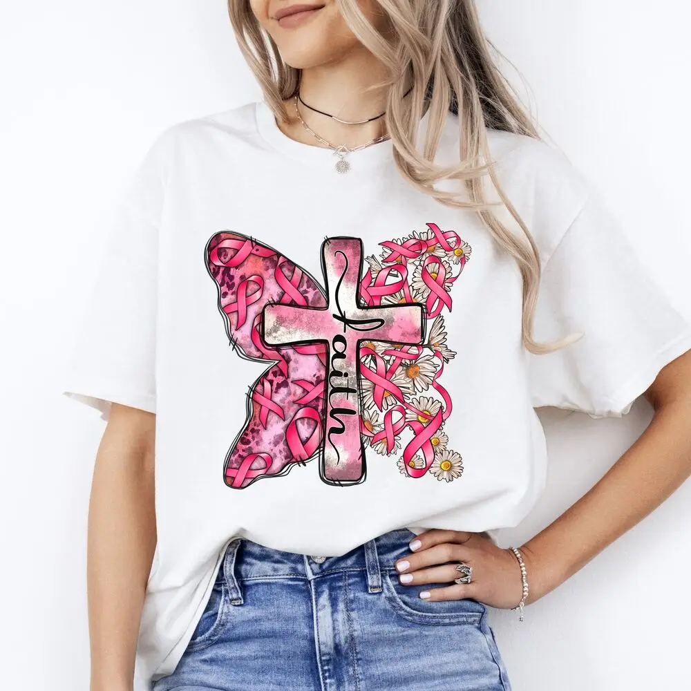 Faith cancer cross T-Shirt gift Breast cancer awareness pink ribbon Tee Sand Whi High Quality 100%Cotton Short Sleeve