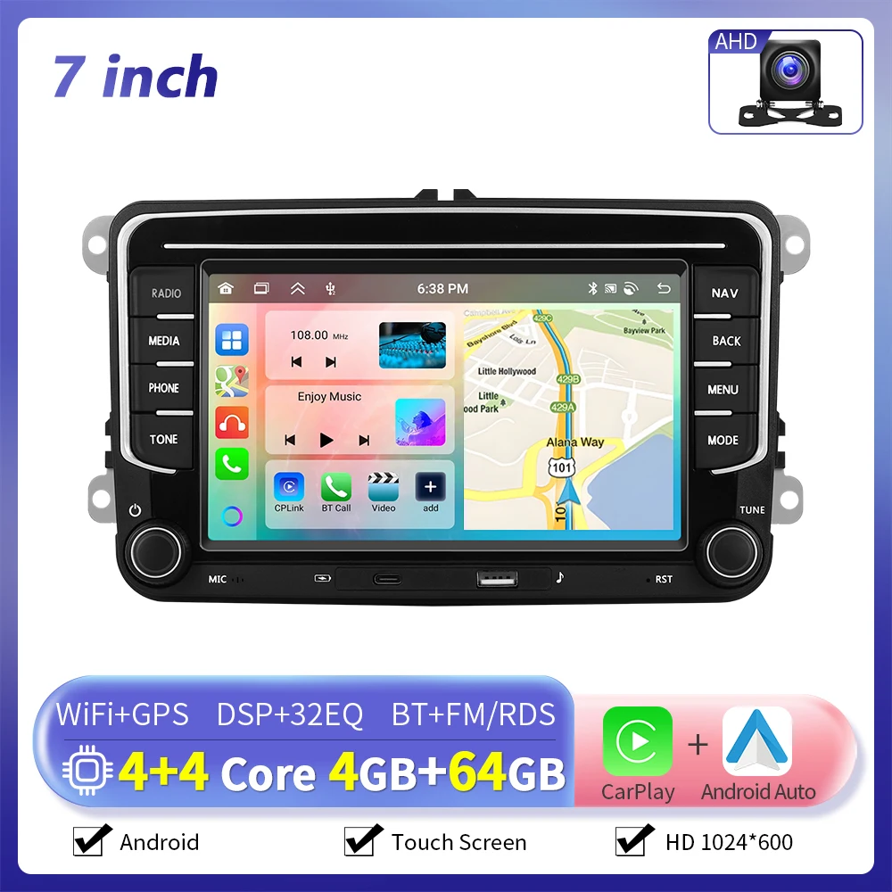 Camecho 7 Inch Draadloze CarPlay Android Auto Radio GPS Multimedia Voor Volkswagen VW Passat B6 B7 CC Tiguan Touran GOLF POLO