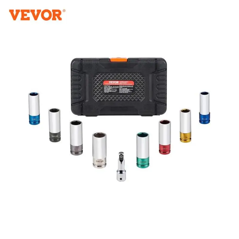 VEVOR Lug Nut Impact Socket Set 1/2 in Drive Metric SAE 6-Point Deep Socket Set 8 Total Lug Nut Sizes CR-MO Wheel Socket Set