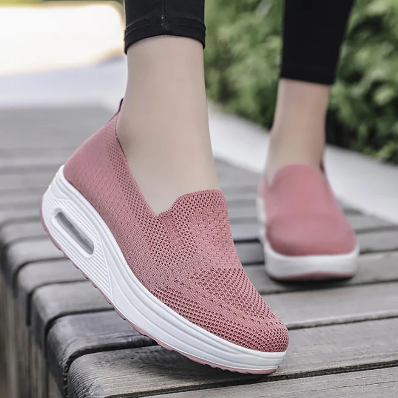 New Women Wedge Platform Air Cushion Flying Weaving Heighten Slip-ons Fashion Breathable Mesh Lightweight Shoes