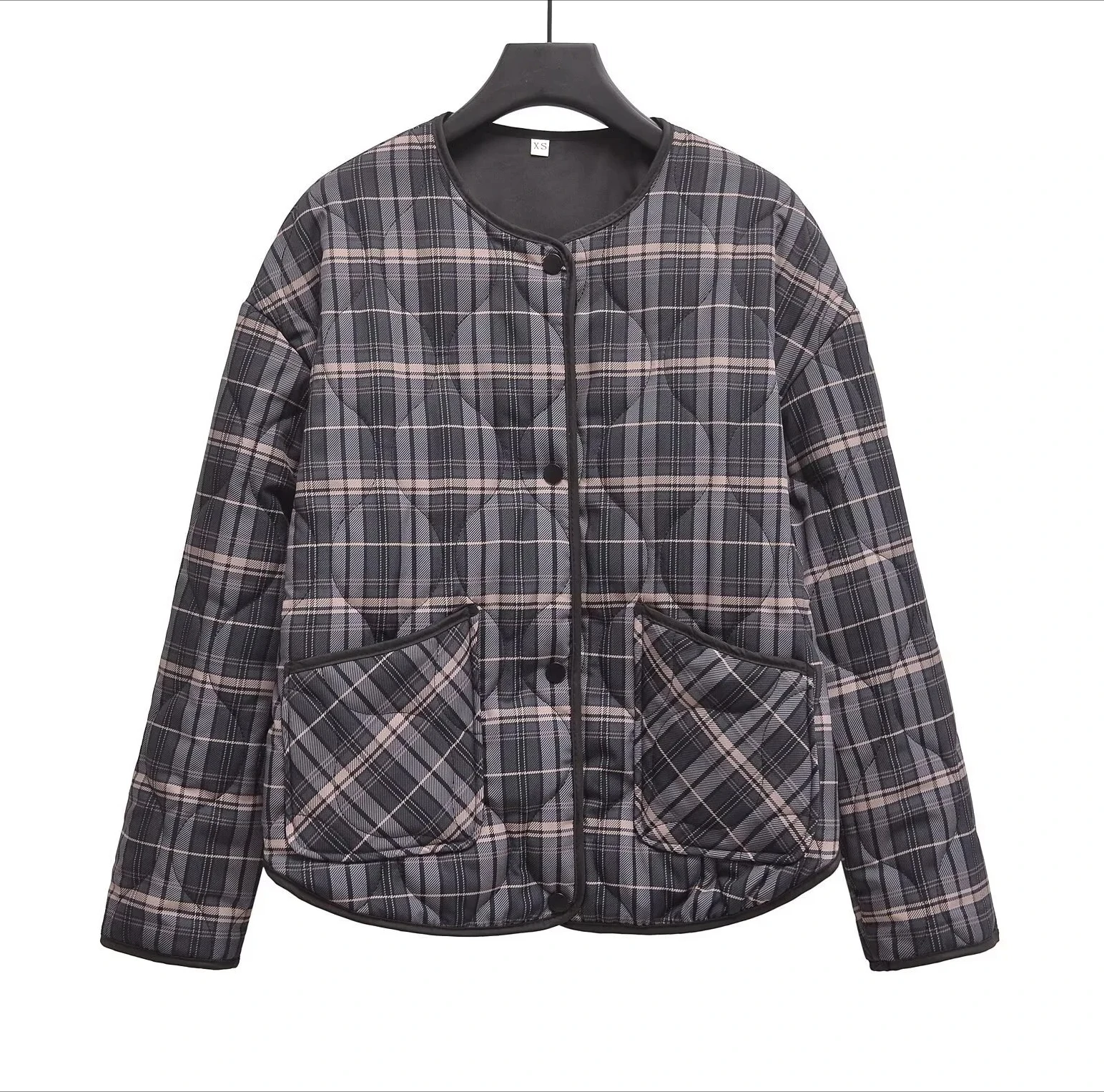 女性の新しい服通勤カジュアル多用途ルーズチェック柄長袖ラウンドネック綿入りジャケット