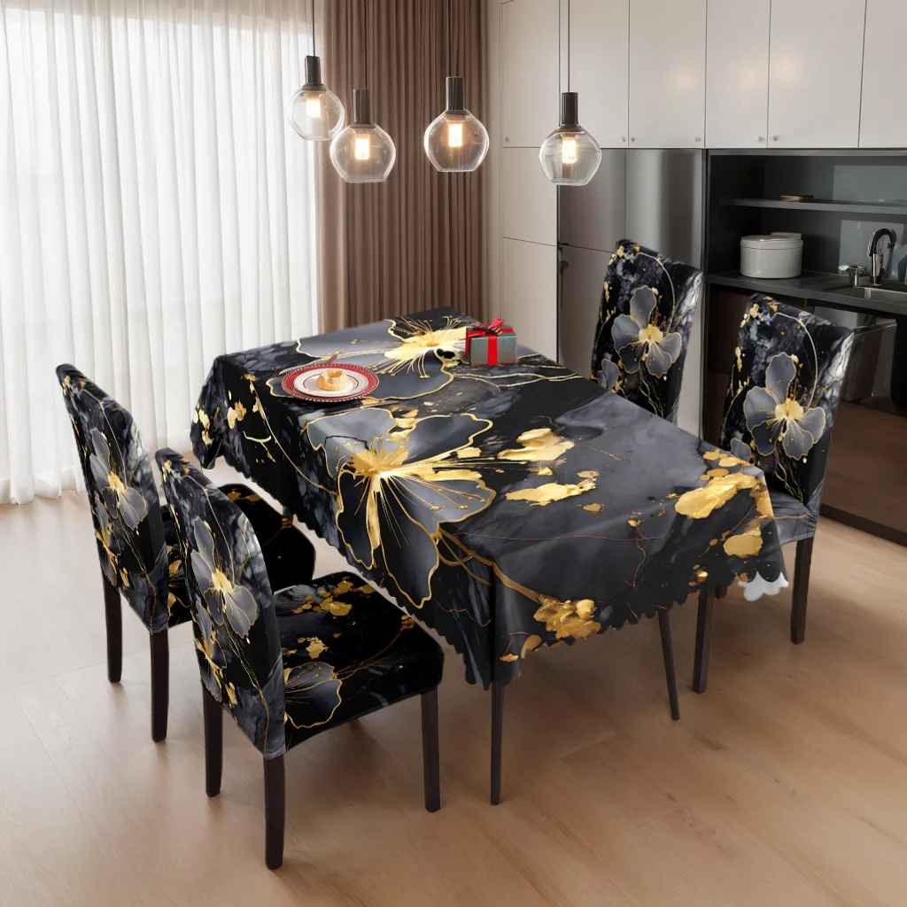 

5/7pcs Black Gold Ink Wash Floral Tablecloth Chair Covers Set Luxury Zen Home Dining Decor