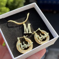 DUOYING Custom Name Earring Paved Outline Shiny Hoops Personalized Letter Necklace A-Z Pendant Snake Chain Jewelry Set Gift