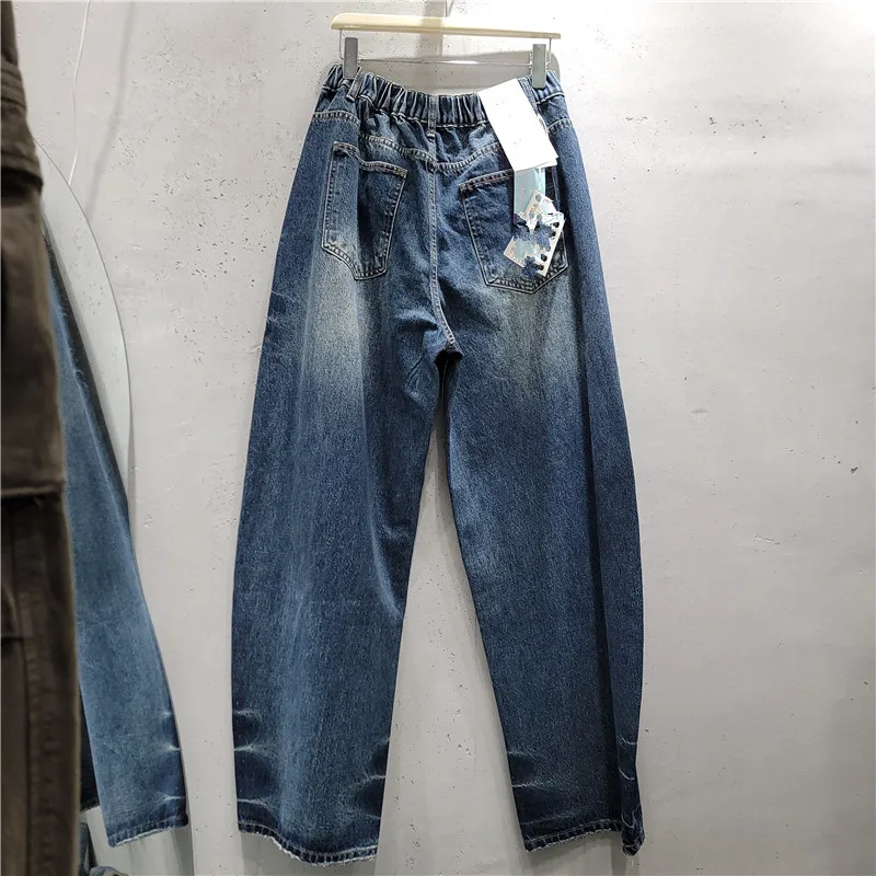 2026 New Autumn Trendy Women Denim Trousers All-match Elastic High Waist Faux Two-piece Patchwork Floor-length Casual Jeans