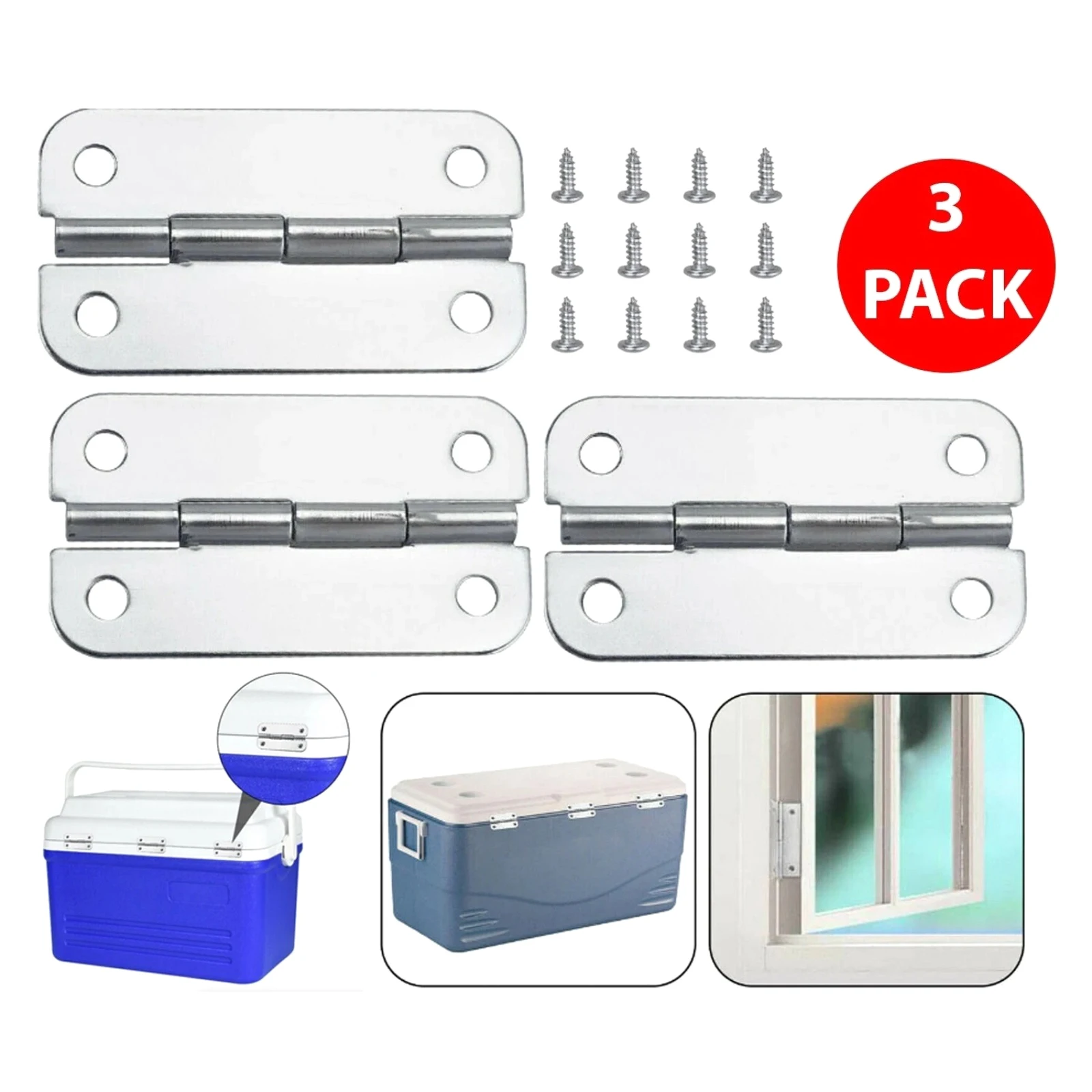 Paquete de 3 bisagras de acero inoxidable para neveras portátiles Igloo de 25-165 QT, kit de bisagras de repuesto para neveras Igloo con 12 tornillos
