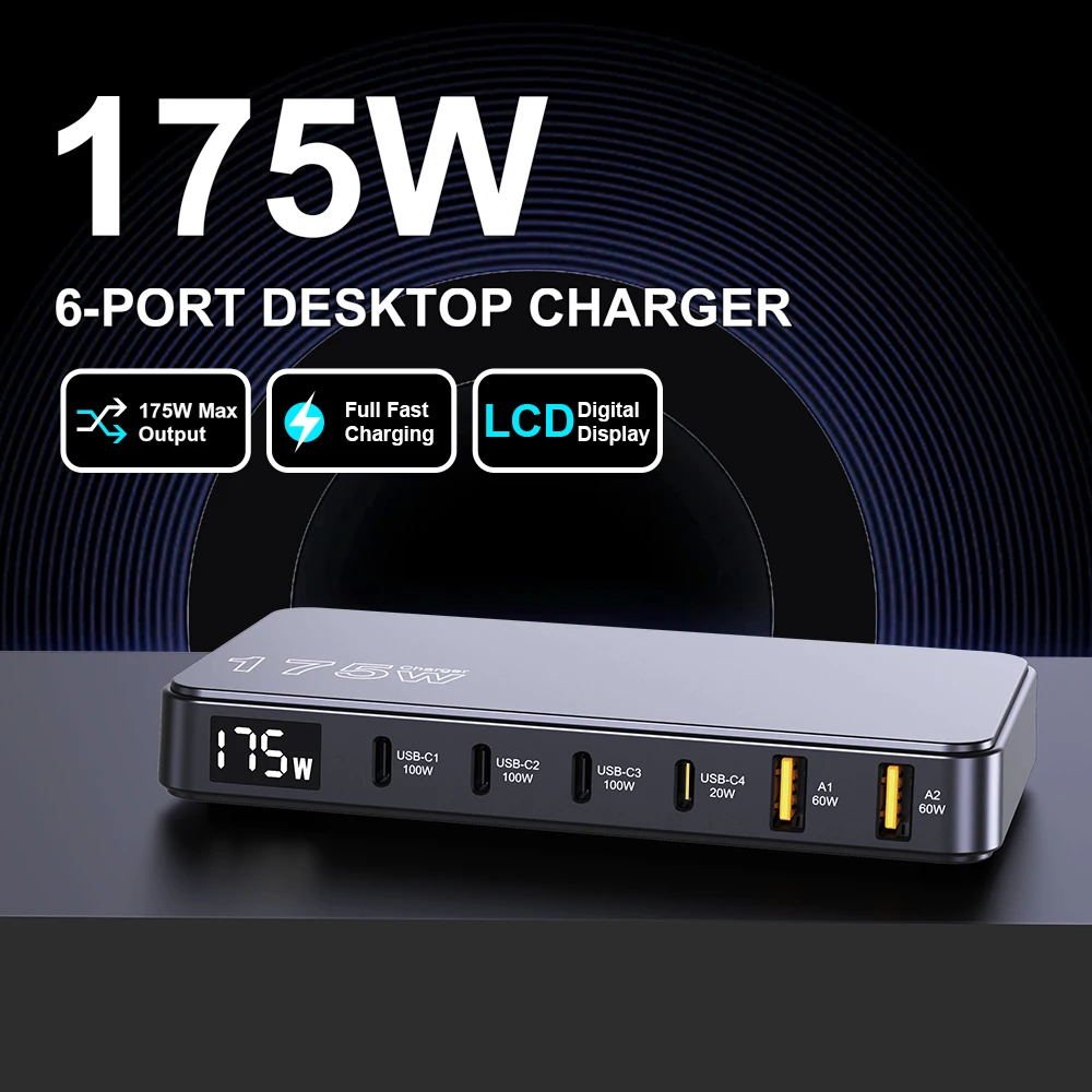Ueetop 175W USB C GaN Charger LED Display PD QC 4.0 3.0 Type C Quick Charge for Samsung iPhone Phone MacBook Laptop Fast Chagers