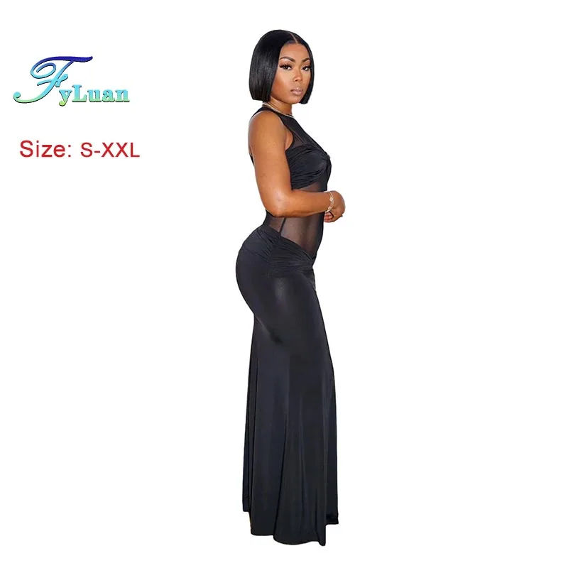 2025年新作 ブラック レディース ロングドレス セクシー シースルー メッシュ ボディコン ドレス ラウンドネック ノースリーブ マキシドレス ファッション パーティー イブニングドレス