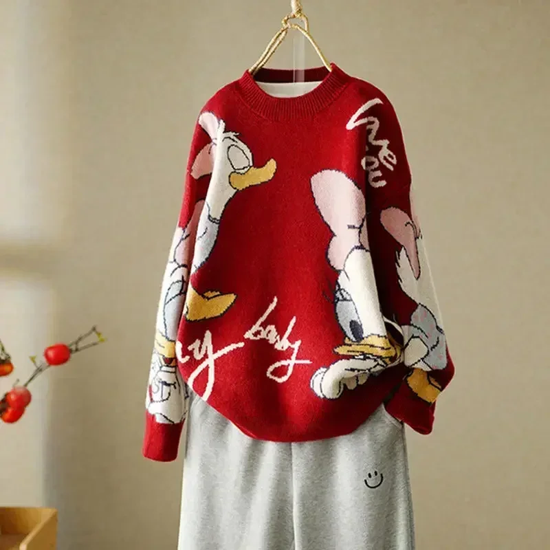 Disney Knitted Sweaters Japanese Daisy Cartoon Pullovers for Women Coat Female Autumn and Winter Loose Wild Thicken Kawaii Tops