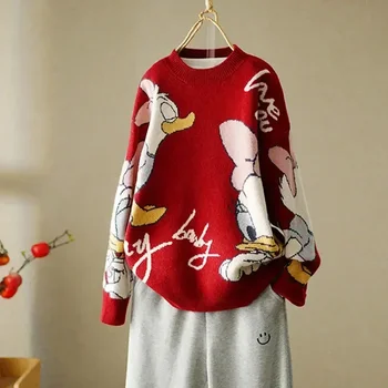 Disney Gestrickte Pullover Japanische Daisy Cartoon Pullover für Frauen Mantel Weibliche Herbst und Winter Lose Wilden Verdicken Kawaii Tops