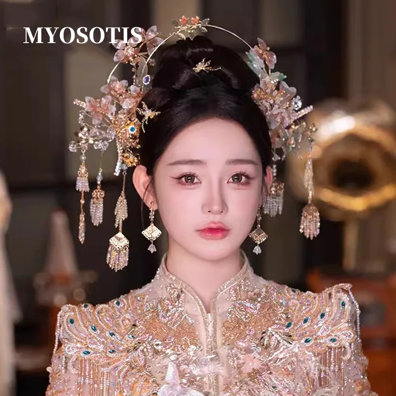 

Chinese Wedding Handmade Liquid Flower Crystal Saint Crown Hanfu Headdress Bride Ancient Costume Traditional Hair Accessories