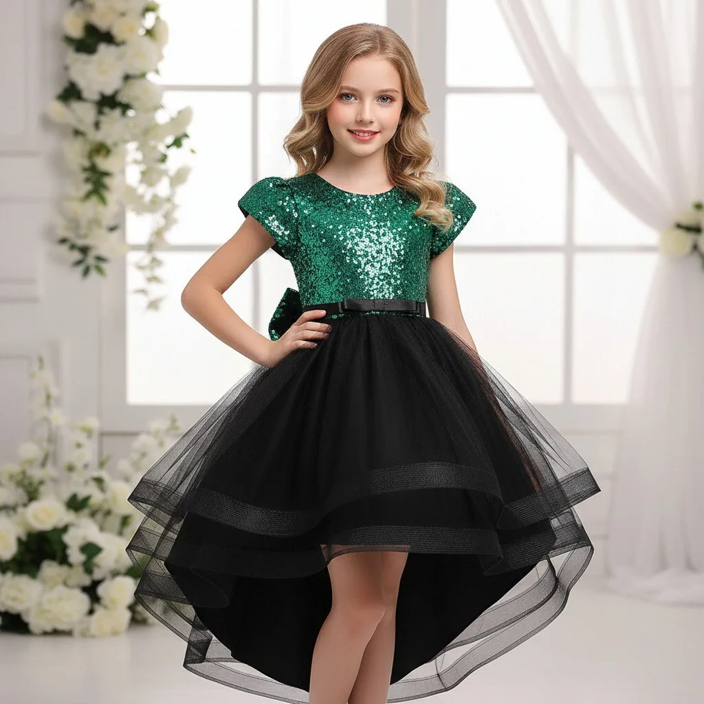 

Black Mesh Train Dress with Sequins and Bow for Kids Fashion Show Costume for Girls Dance Tutu Dress for Children Performance